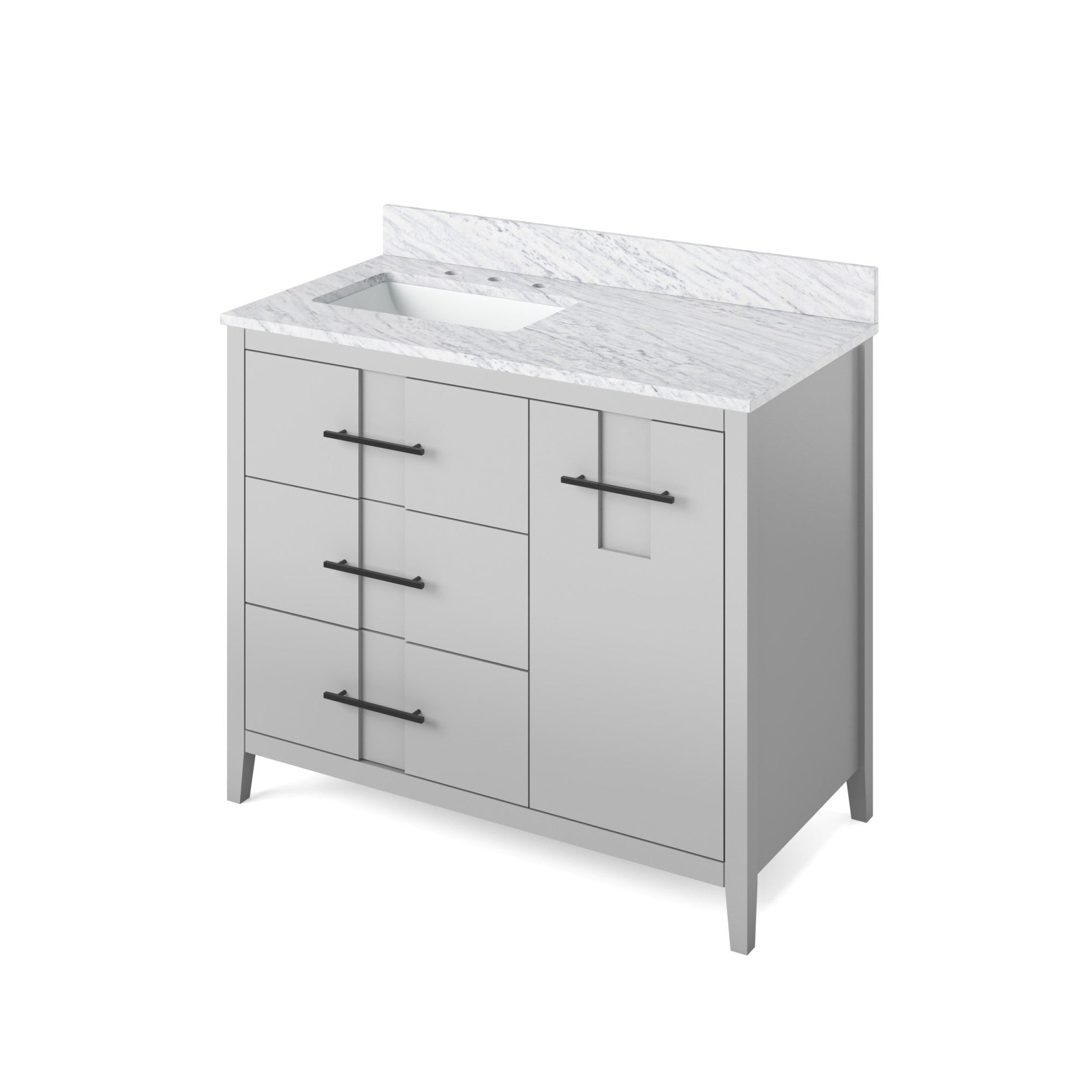 Hardware Resources, Hardware Resources Jeffrey Alexander Katara 42" Grey Freestanding Vanity With Left Offset, White Carrara Marble Vanity Top, Backsplash and Rectangle Undermount Sink