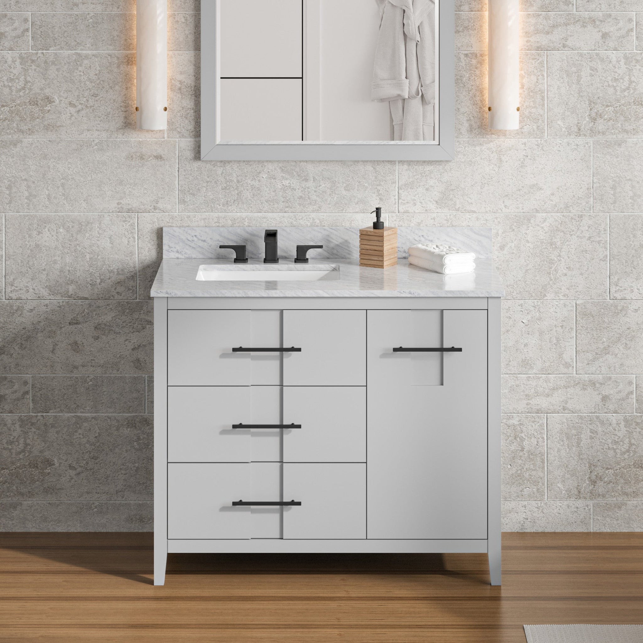 Hardware Resources, Hardware Resources Jeffrey Alexander Katara 42" Grey Freestanding Vanity With Left Offset, White Carrara Marble Vanity Top, Backsplash and Rectangle Undermount Sink