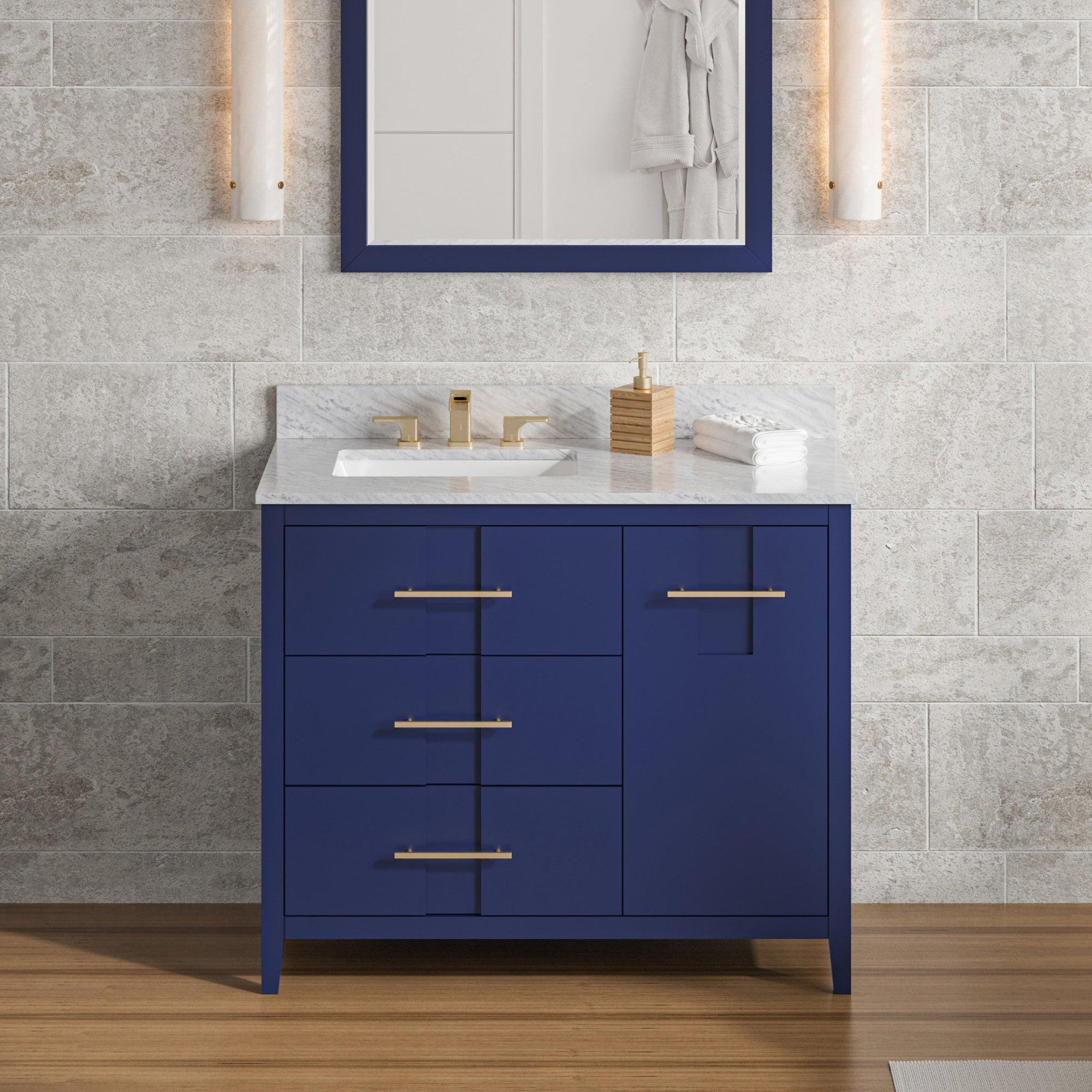 Hardware Resources, Hardware Resources Jeffrey Alexander Katara 42" Hale Blue Freestanding Vanity With Left Offset, White Carrara Marble Vanity Top, Backsplash and Rectangle Undermount Sink