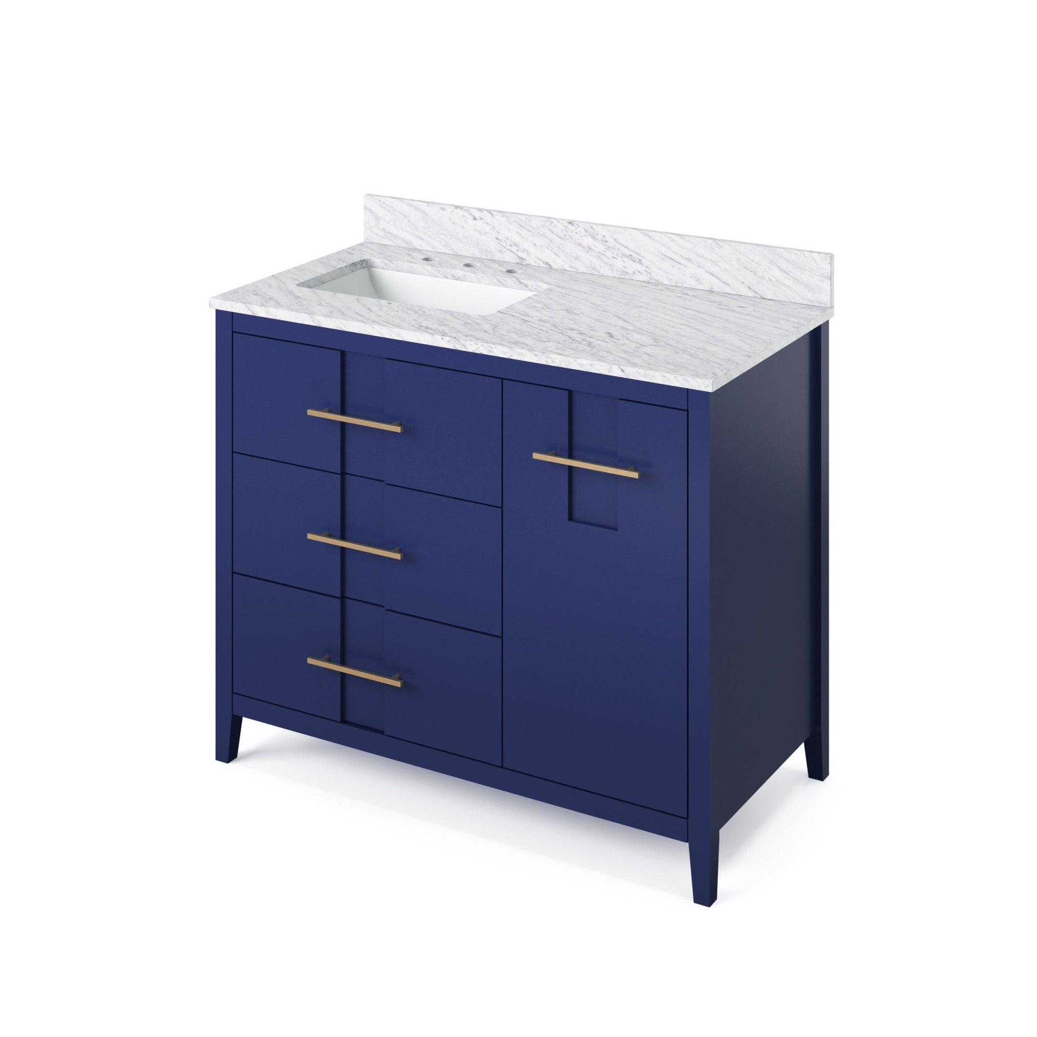 Hardware Resources, Hardware Resources Jeffrey Alexander Katara 42" Hale Blue Freestanding Vanity With Left Offset, White Carrara Marble Vanity Top, Backsplash and Rectangle Undermount Sink