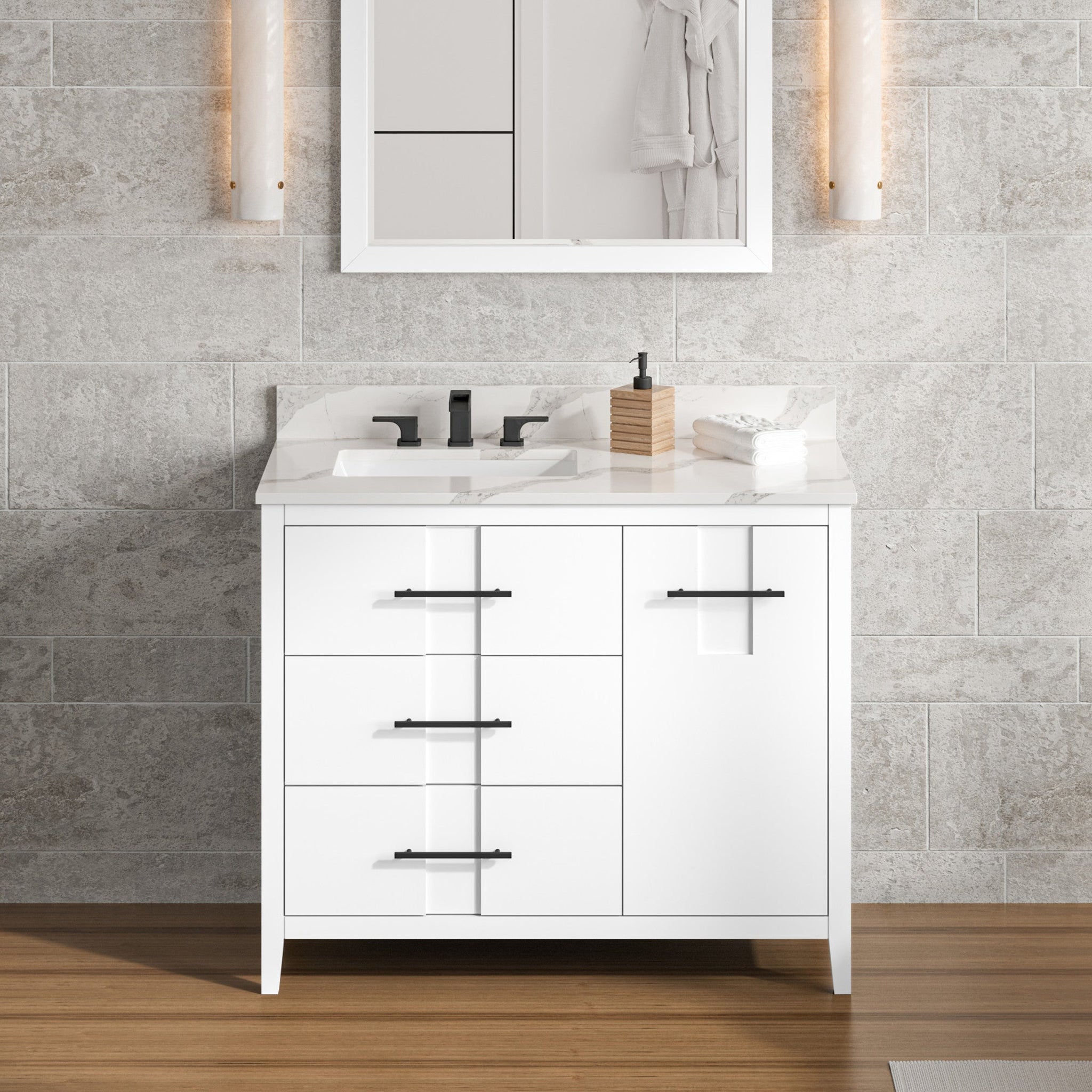 Hardware Resources, Hardware Resources Jeffrey Alexander Katara 42" White Freestanding Vanity With Left Offset, Calacatta Vienna Quartz Vanity Top, Backsplash and Rectangle Undermount Sink