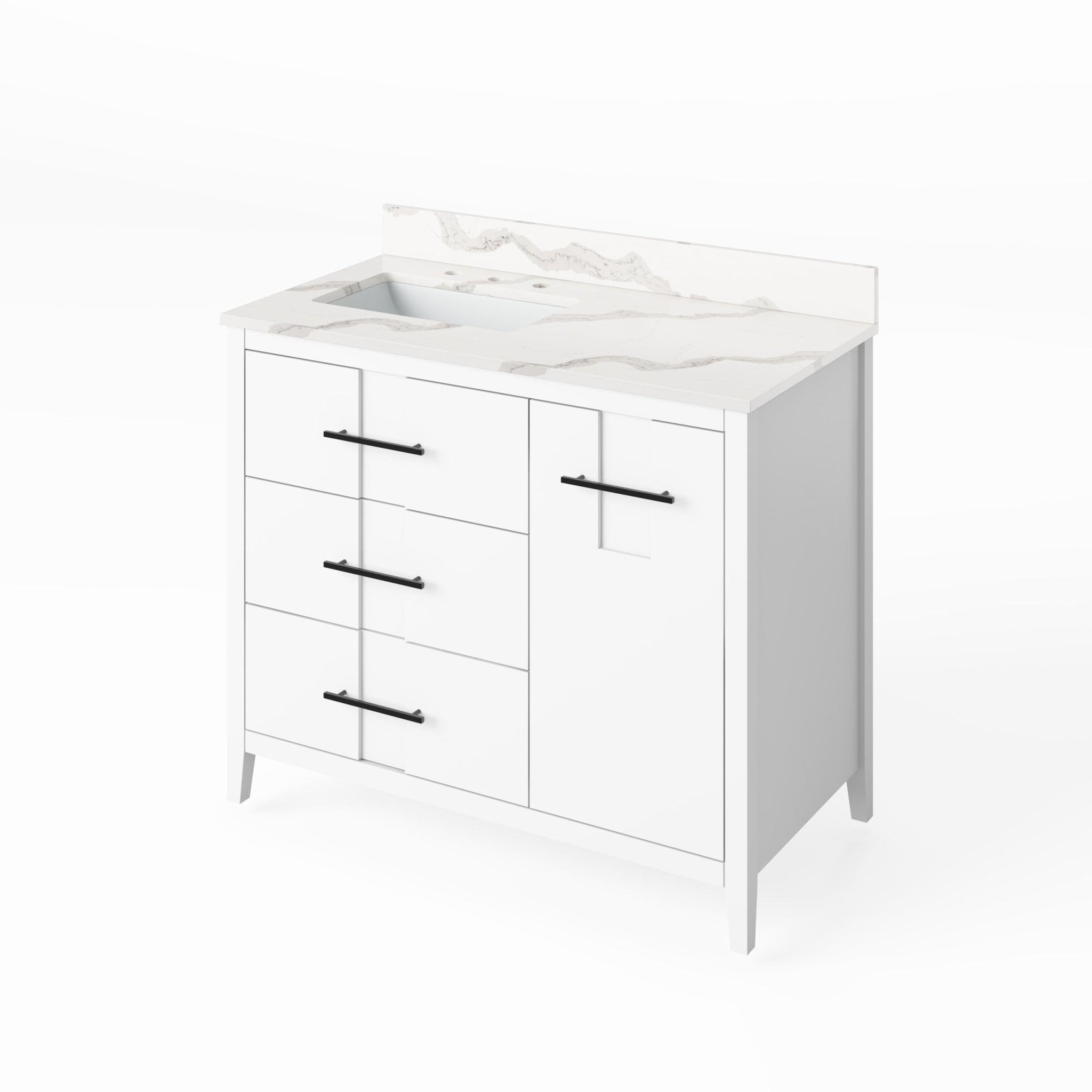 Hardware Resources, Hardware Resources Jeffrey Alexander Katara 42" White Freestanding Vanity With Left Offset, Calacatta Vienna Quartz Vanity Top, Backsplash and Rectangle Undermount Sink