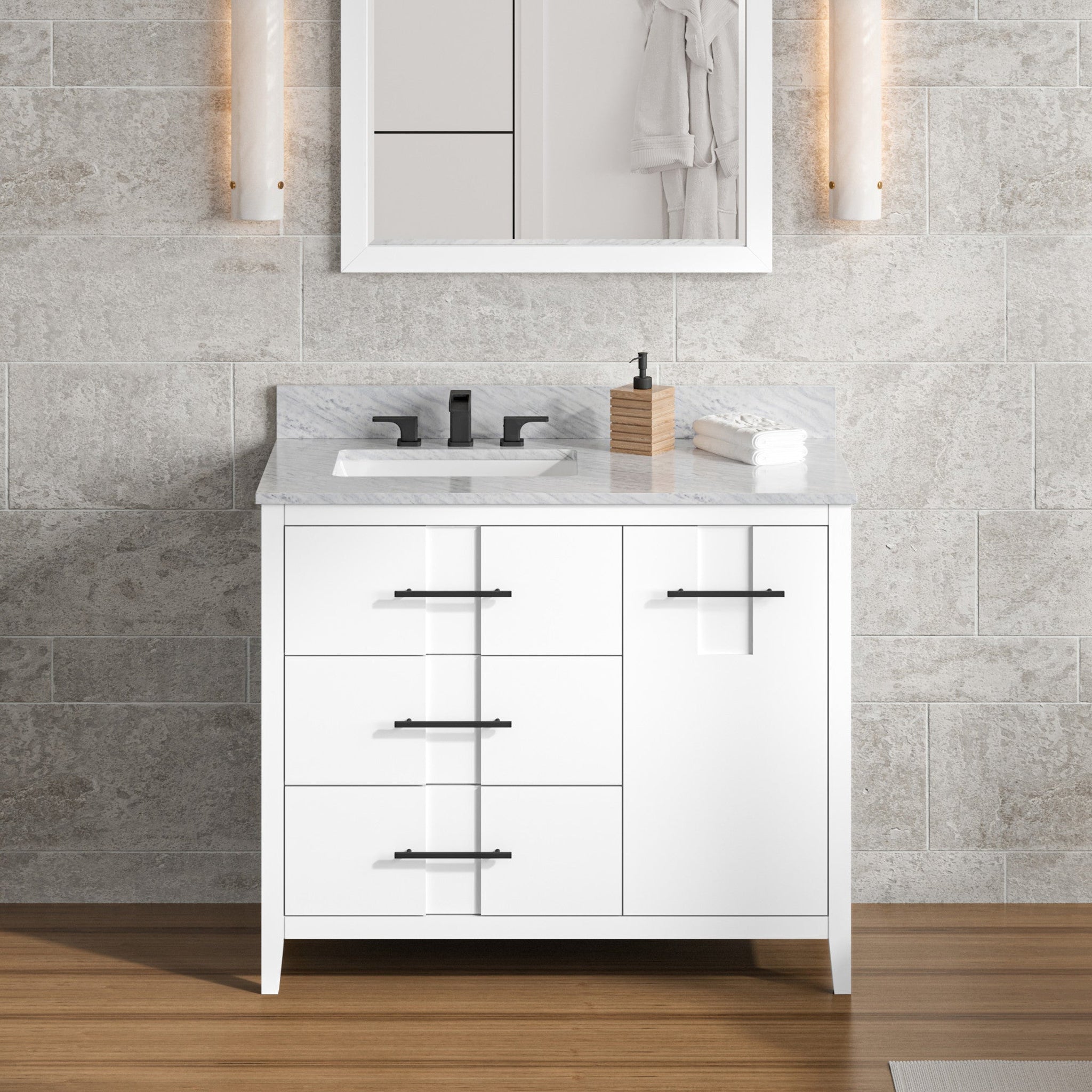 Hardware Resources, Hardware Resources Jeffrey Alexander Katara 42" White Freestanding Vanity With Left Offset, White Carrara Marble Vanity Top, Backsplash and Rectangle Undermount Sink