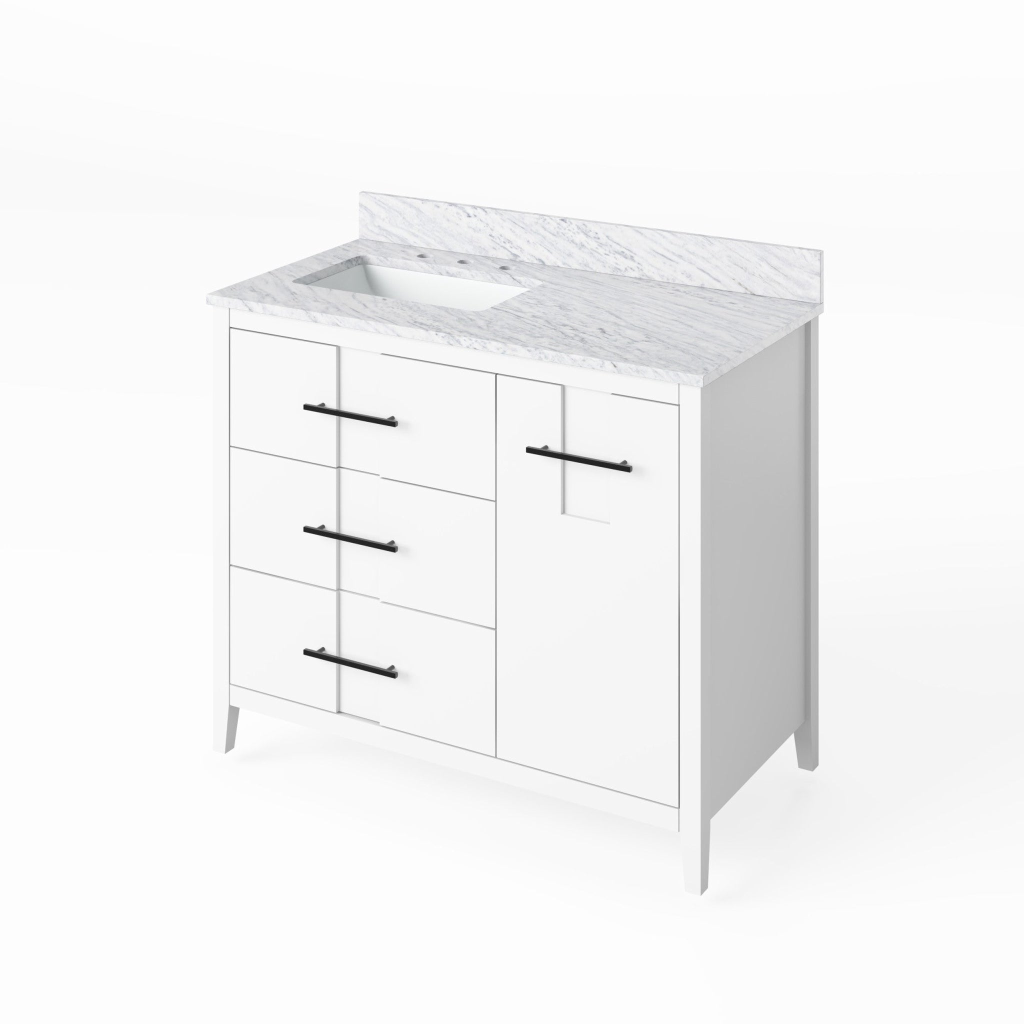 Hardware Resources, Hardware Resources Jeffrey Alexander Katara 42" White Freestanding Vanity With Left Offset, White Carrara Marble Vanity Top, Backsplash and Rectangle Undermount Sink