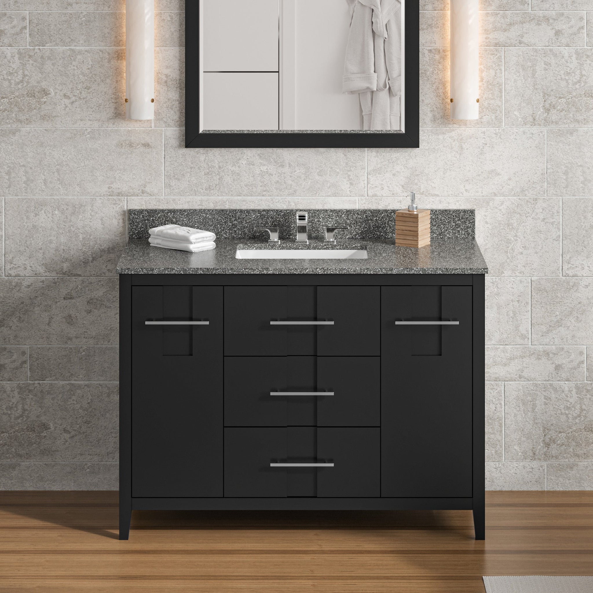 Hardware Resources, Hardware Resources Jeffrey Alexander Katara 48" Black Freestanding Vanity With Boulder Cultured Marble Vanity Top, Backsplash and Rectangle Undermount Sink