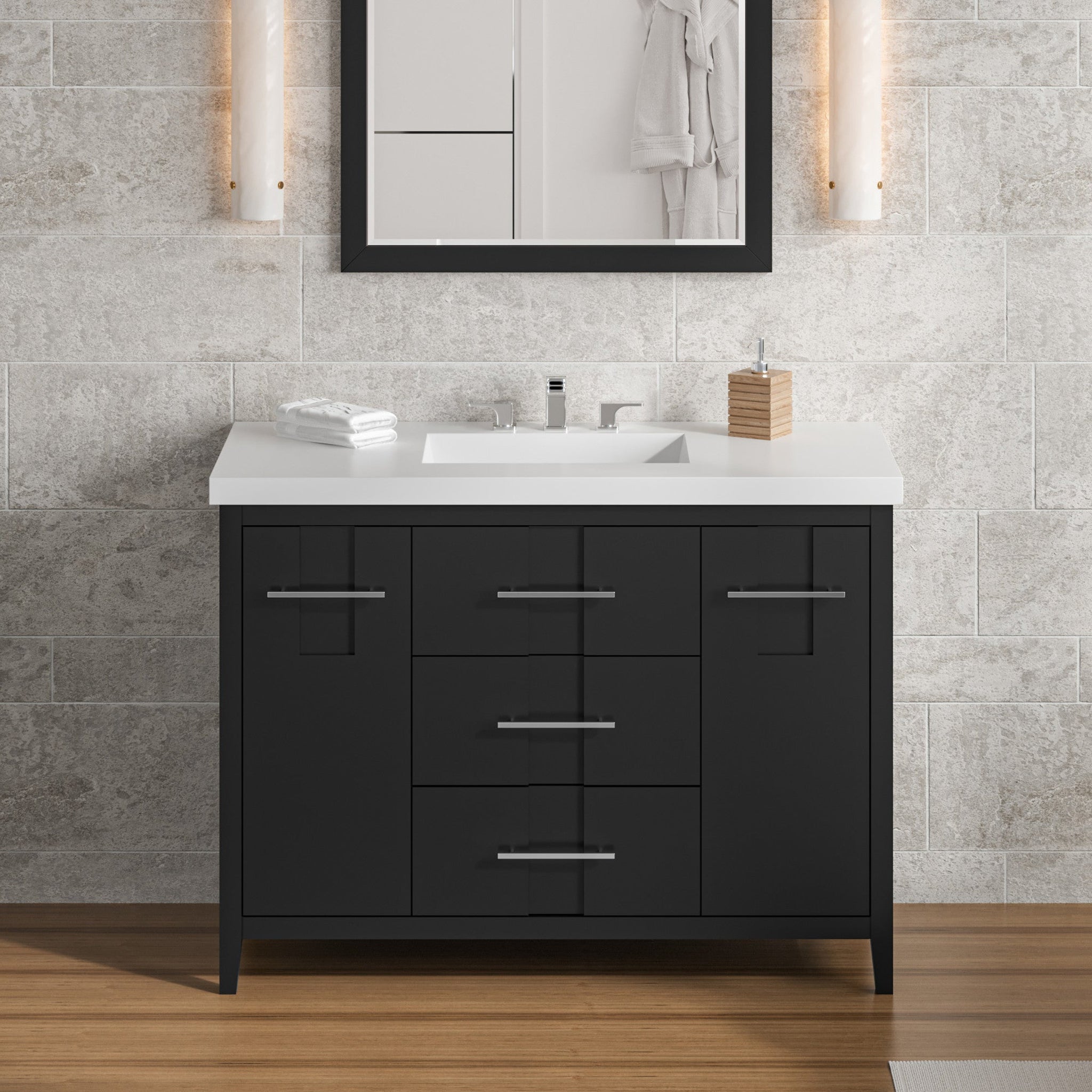 Hardware Resources, Hardware Resources Jeffrey Alexander Katara 48" Black Freestanding Vanity With Lavante Cultured Marble Vessel Vanity Top, Backsplash and Rectangle Undermount Sink