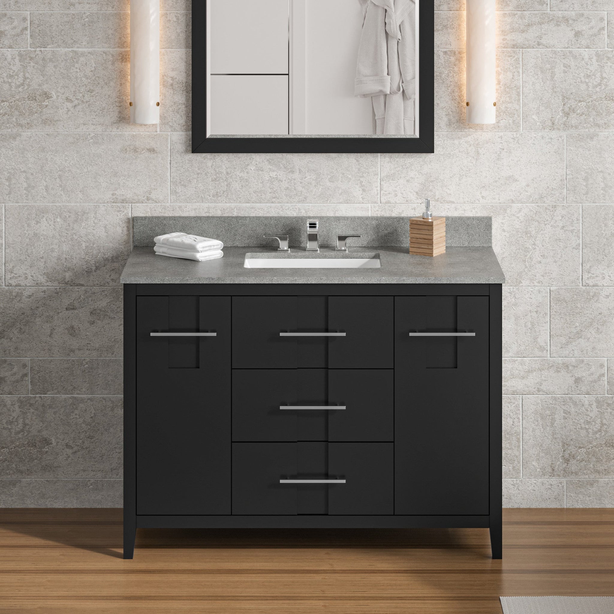 Hardware Resources, Hardware Resources Jeffrey Alexander Katara 48" Black Freestanding Vanity With Steel Gray Cultured Marble Vanity Top, Backsplash and Rectangle Undermount Sink