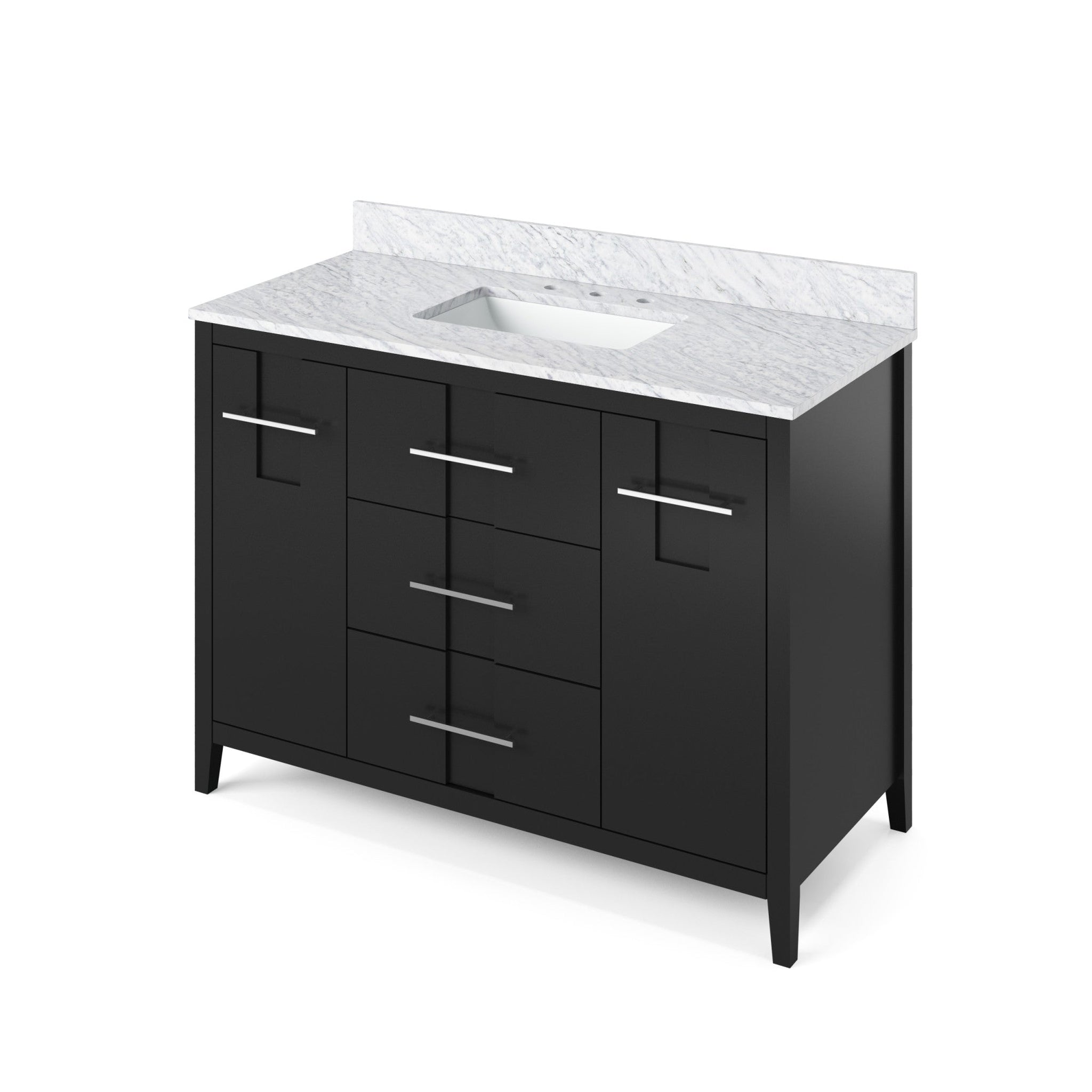 Hardware Resources, Hardware Resources Jeffrey Alexander Katara 48" Black Freestanding Vanity With White Carrara Marble Vanity Top, Backsplash and Rectangle Undermount Sink