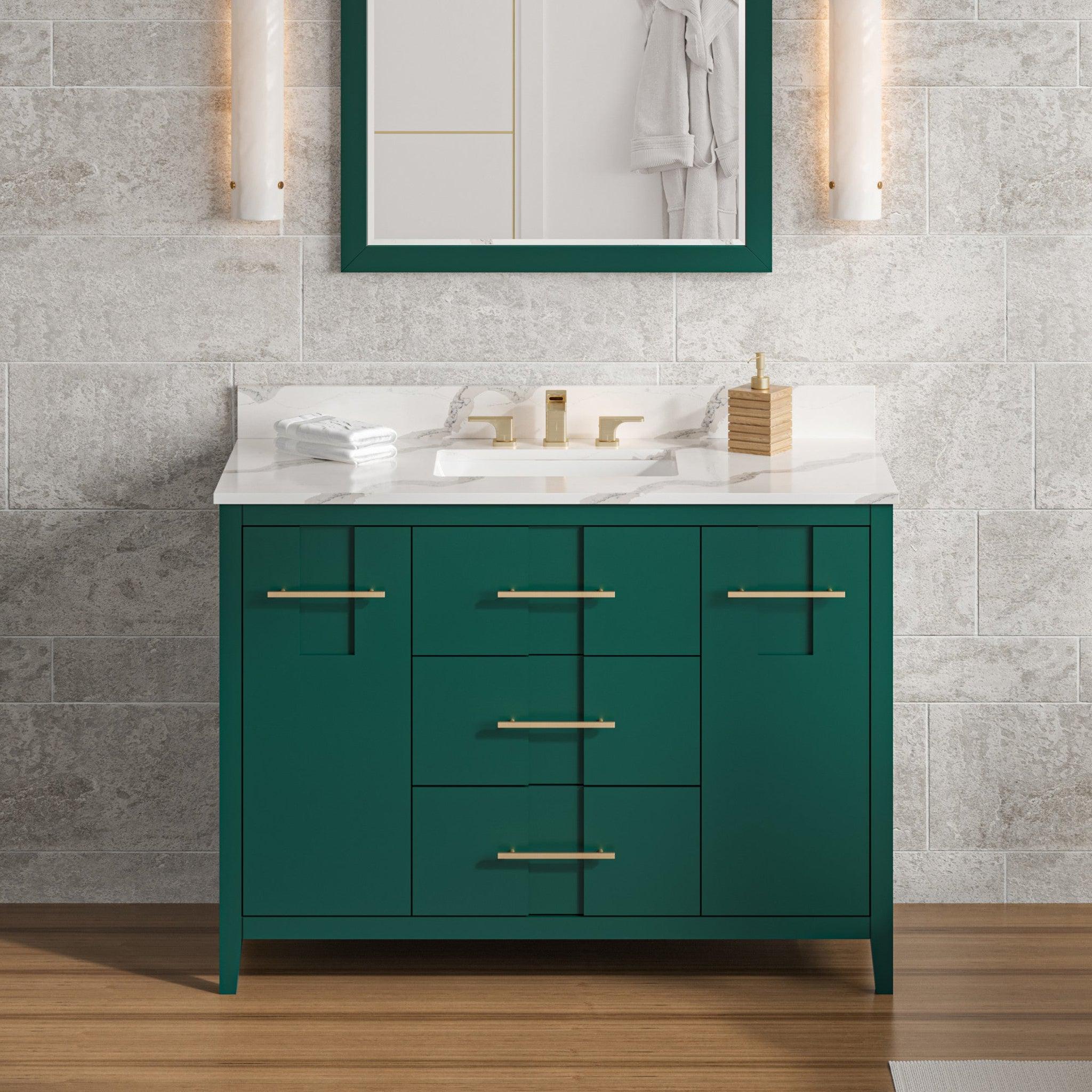 Hardware Resources, Hardware Resources Jeffrey Alexander Katara 48" Green Freestanding Vanity With Calacatta Vienna Quartz Vanity Top, Backsplash and Rectangle Undermount Sink