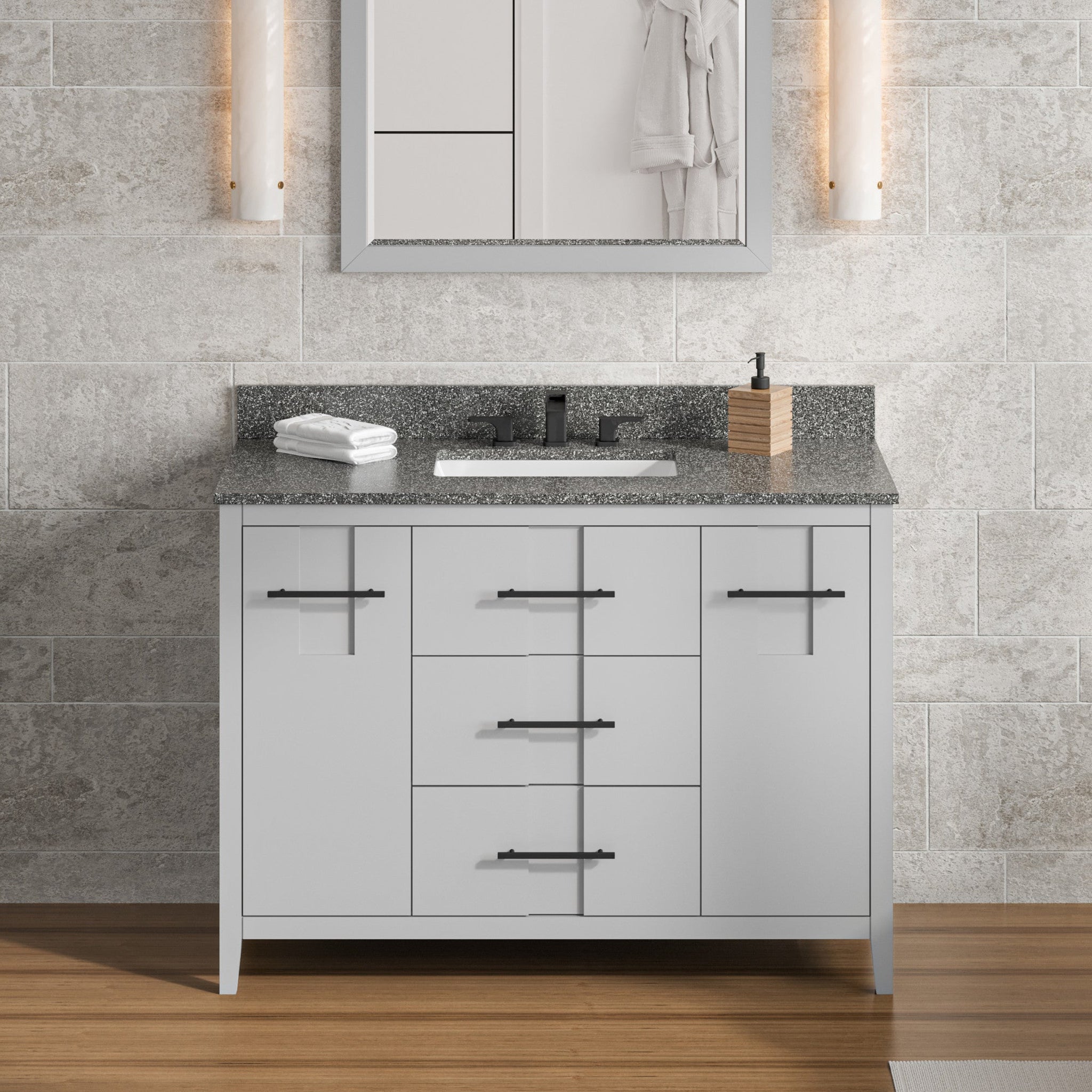 Hardware Resources, Hardware Resources Jeffrey Alexander Katara 48" Grey Freestanding Vanity With Boulder Cultured Marble Vanity Top, Backsplash and Rectangle Undermount Sink