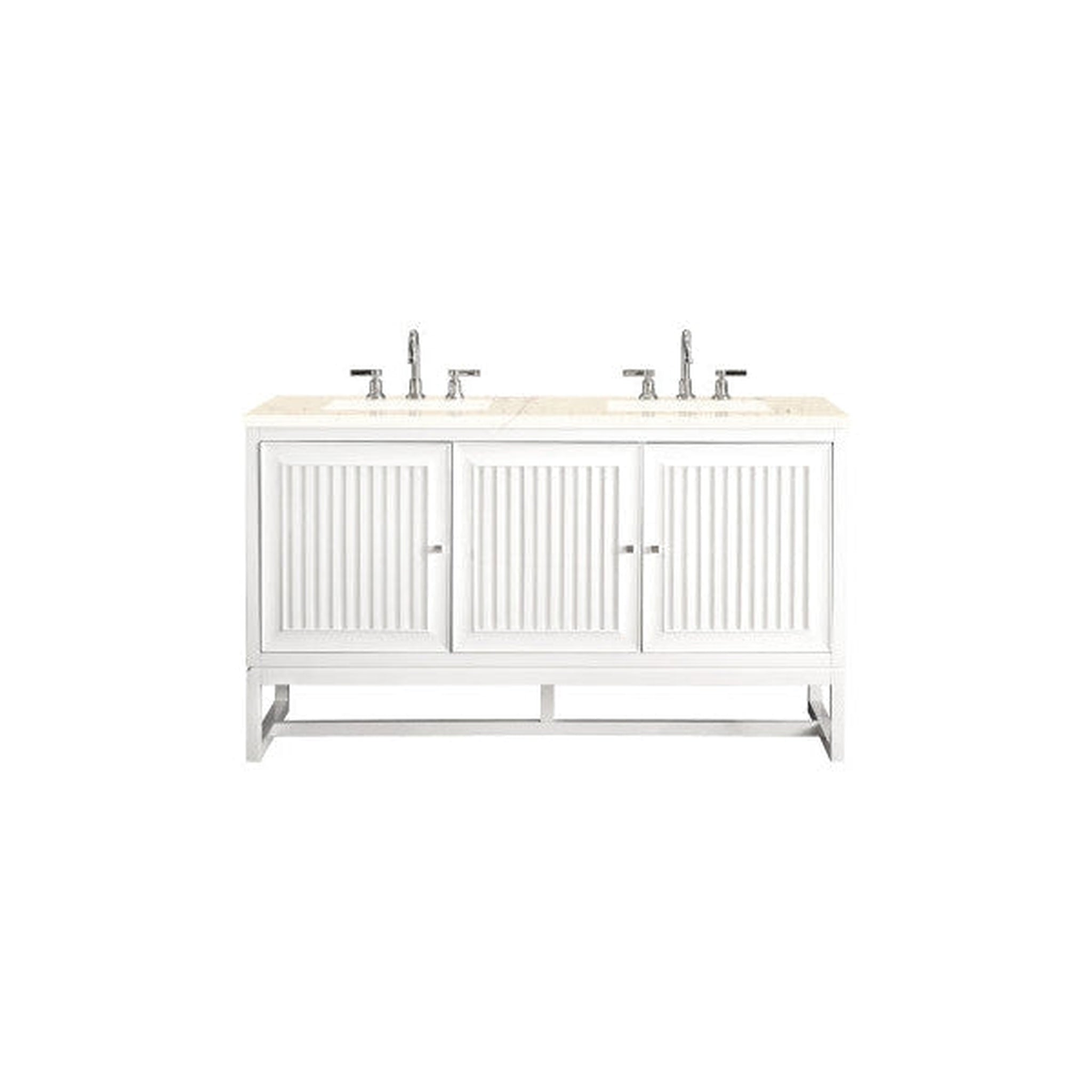 James Martin Vanities, James Martin Athens 60" Double Glossy White Bathroom Vanity With 1" Eternal Marfil Quartz Top and Rectangular Ceramic Sink