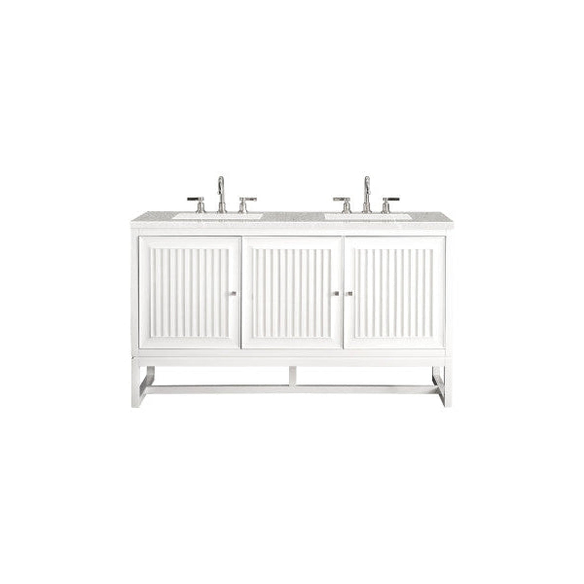 James Martin Vanities, James Martin Athens 60" Double Glossy White Bathroom Vanity With 1" Eternal Serena Quartz Top and Rectangular Ceramic Sink