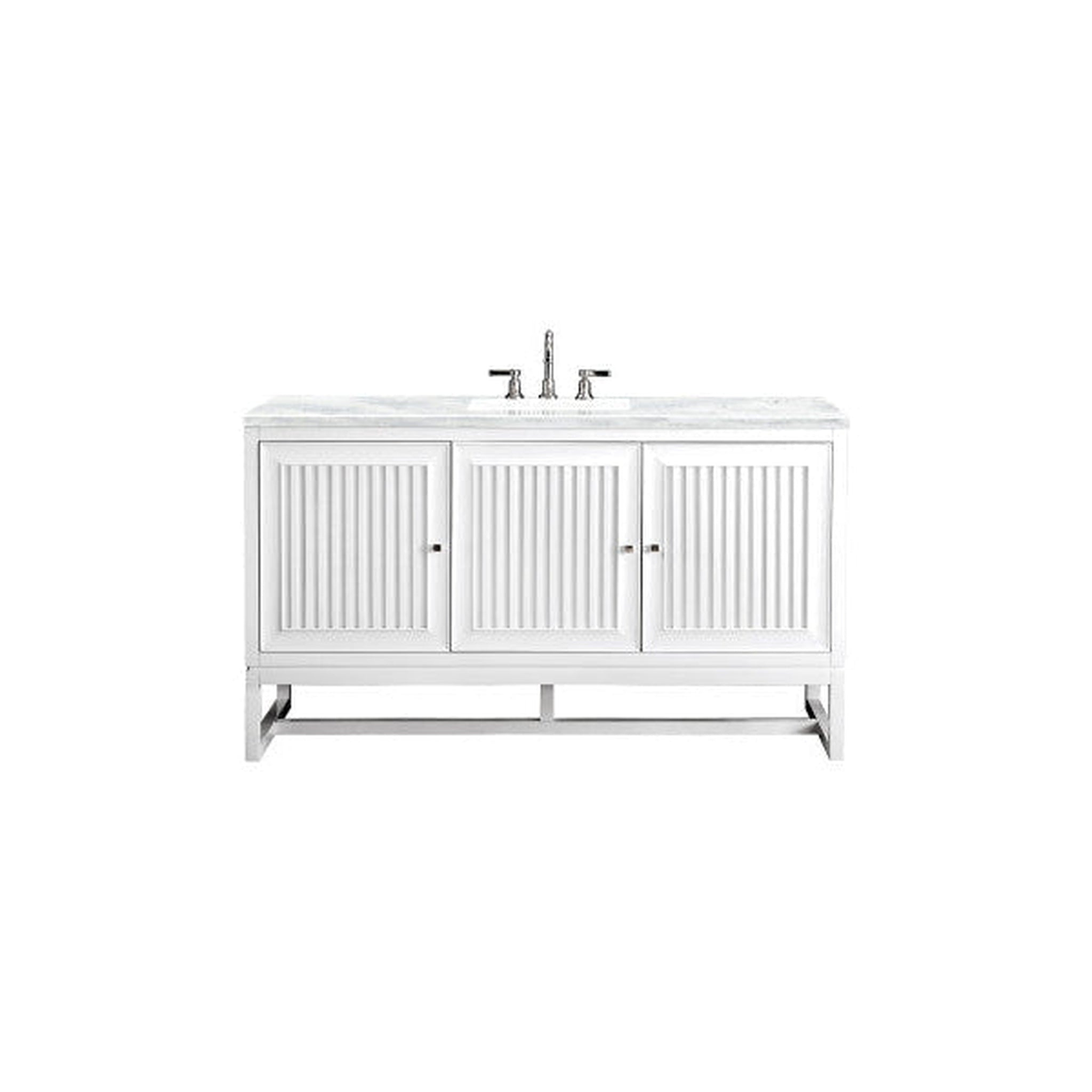 James Martin Vanities, James Martin Athens 60" Single Glossy White Bathroom Vanity With 1" Arctic Fall Solid Surface Top and Rectangular Ceramic Sink